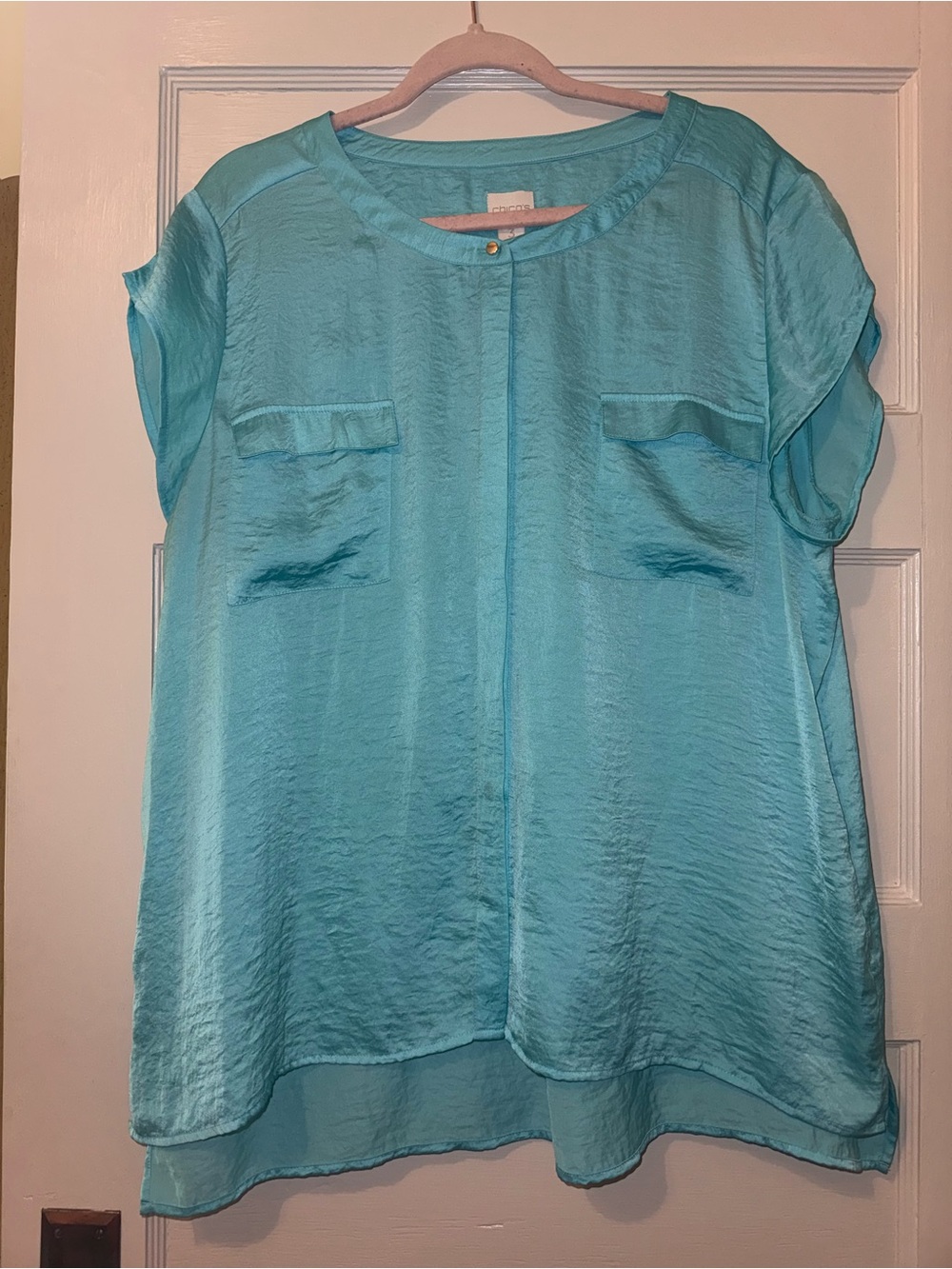 Chico's Aqua Satin Short Sleeve Blouse